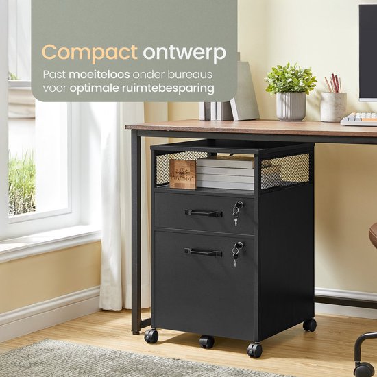 Compacte zwarte ladekast met twee laden, een open rek en wielen, onder een bureau.