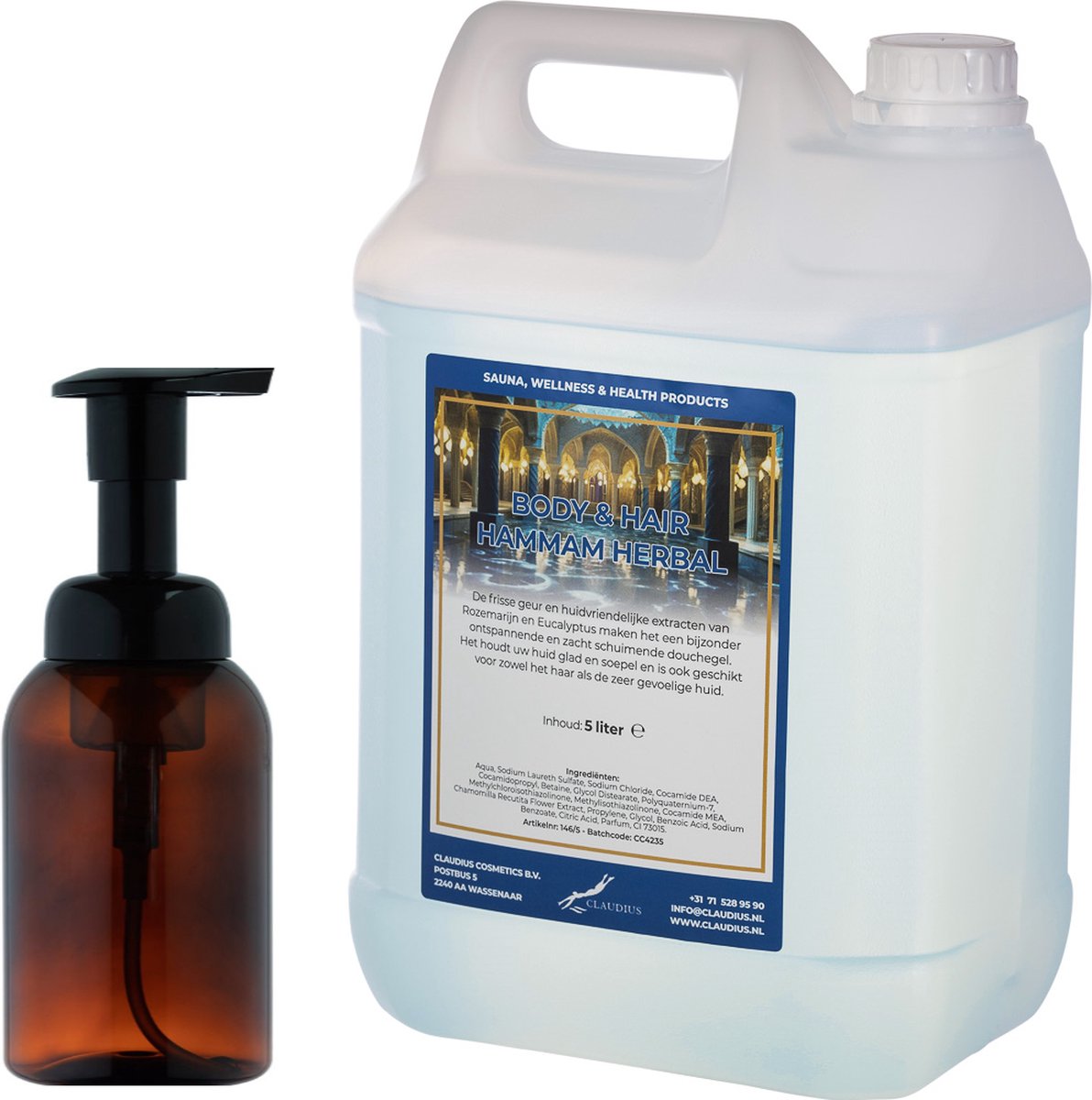 Goedkoopste Zeepdispenser 300 ml amber bruin hervulbaar 5 liter Body & Hair Hammam Herbal navulling