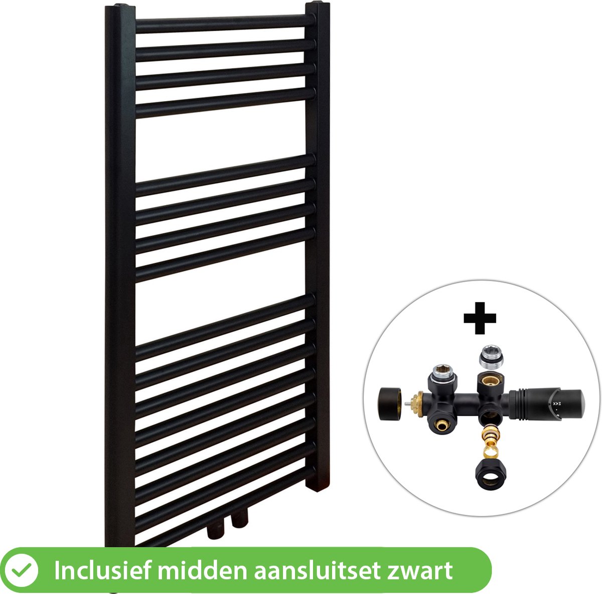 Handdoekradiator Badkamer met Aansluit Set en Thermostaat - Radiator - 800 × 450 mm - Mat Zwart