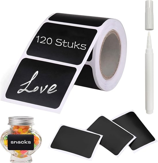 Krijtbord Stickers Op Rol - 120 Stickers - Krijtsticker - 5.5 X 3.5 Cm - Schoolbord Label - Schoolbord Sticker - Kruiden Stickers - Kruiden Labels - Kruidenpotjes - Keuken Etiketten - Huishoudetiketten - Label Stickers - Incl 1 Krijtstift