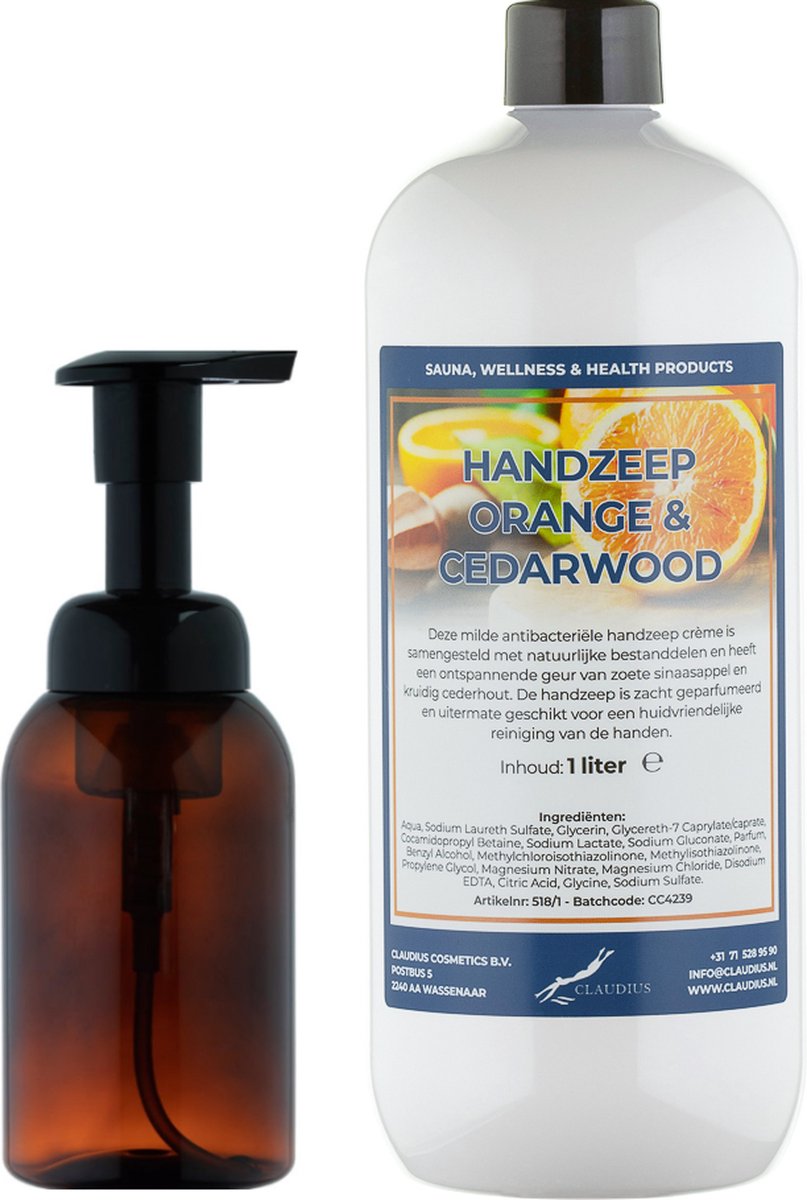 Goedkoopste Zeepdispenser 300 ml amber bruin hervulbaar 1 liter Handzeep Sweet Orange & Cedarwood navulling