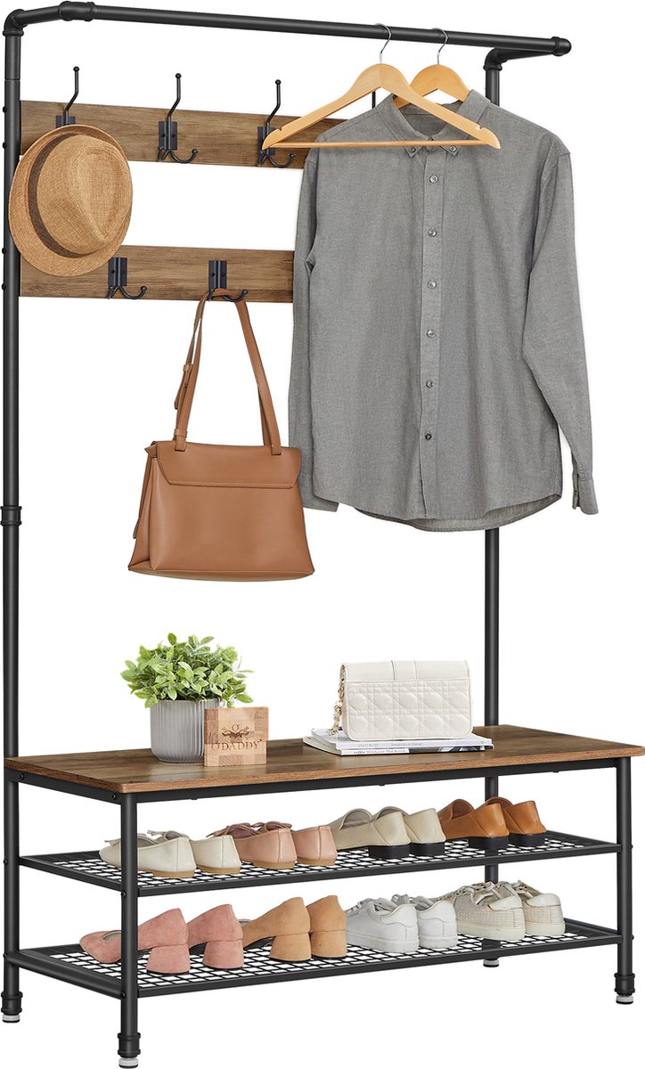 O'DADDY® kapstok staand - kapstok met schoenenrek - 23 haken 2 laags schoenenrek 10 paar - garderoberek - 100 x 41,5 x 182 cm - bruin