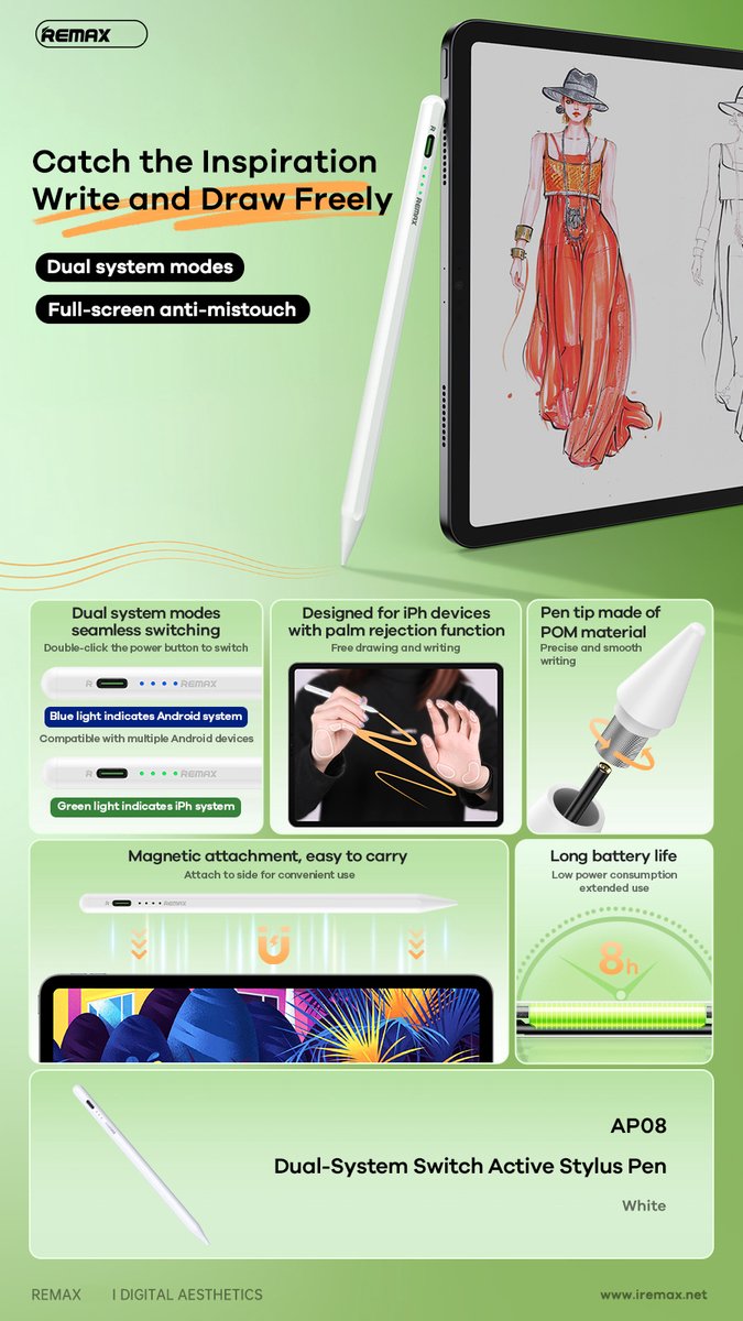 Remax Stylus Pen - Universeel - Wit - Hoge precisie - Lange levensduur batterij van Merkloos — afbeelding 2