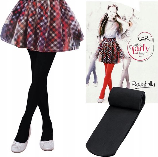 Een collage van productfoto's: een meisje in een zwarte panty met geruite rok, de Gatta 'little Lady line' verpakking en een opgerolde zwarte panty.