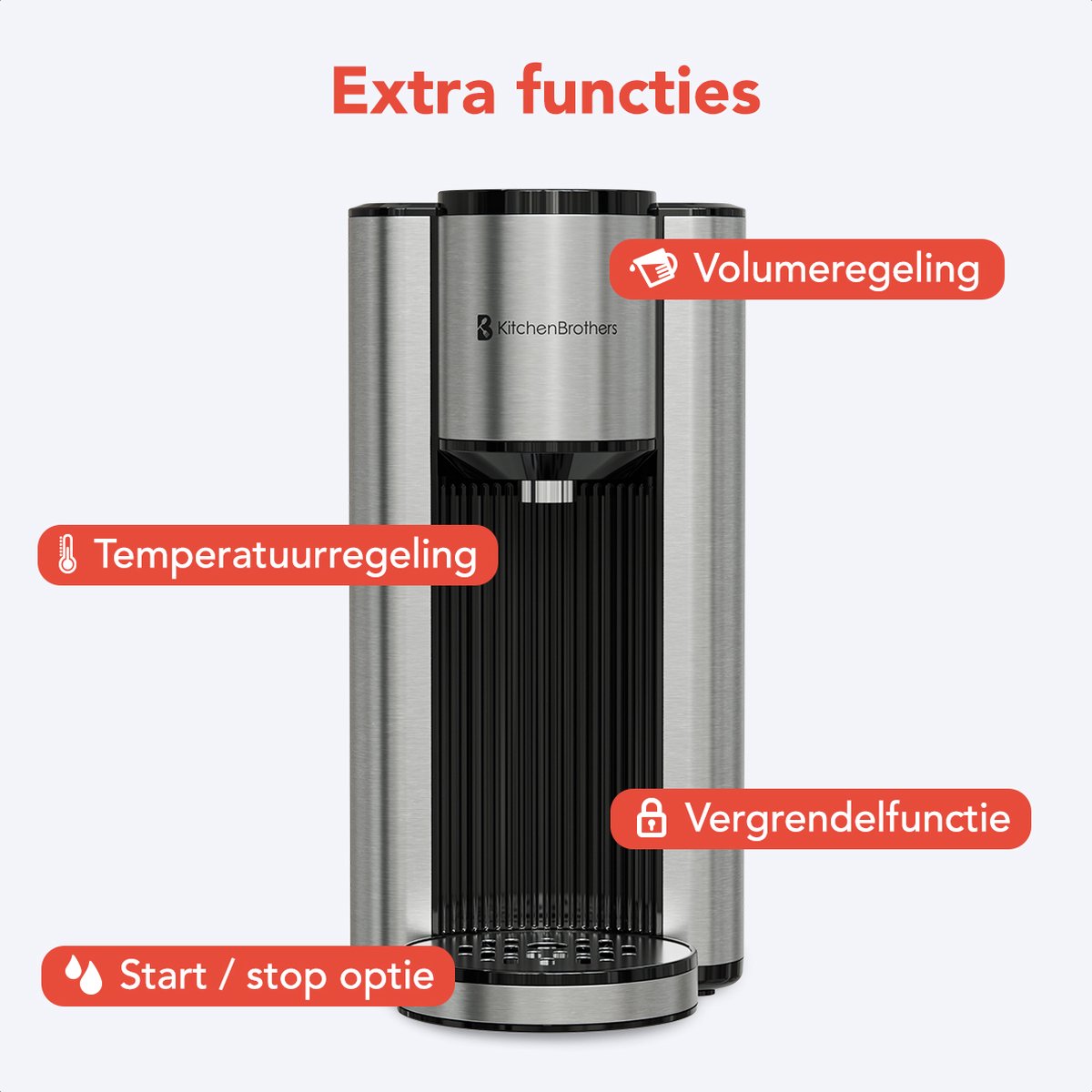 KitchenBrothers Heetwaterdispenser - 2.5L - Instant Waterkoker - BPA en PFAS Vrij - 3 standen van 150 t/m 300 ml - Heetwatertap - 40-100°C - RVS — afbeelding 6