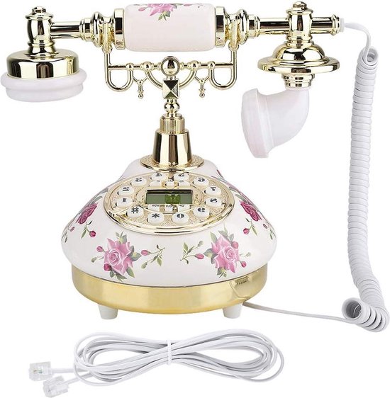 Foto: Retro ouderwetse vaste telefoon antieke oude mode nostalgische vintage telefoon met keramische behuizing bekabelde desktoptelefoon met lcd display voor thuiskantoor 