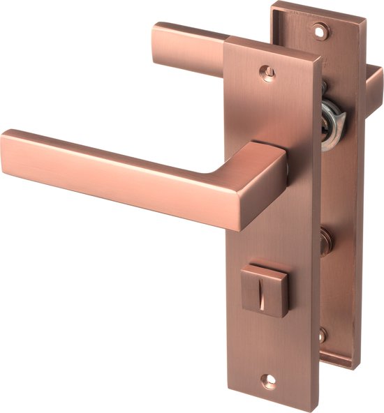 Koperkleurige deurklink op rechthoekig schild met een WC-slot, van voren gezien.