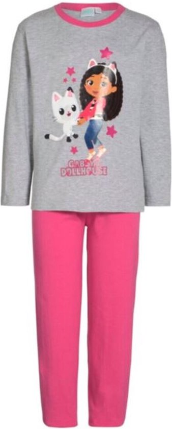 Grijze pyjamaset met lange mouwen en roze broek, met Gabby en een katje op de voorkant.