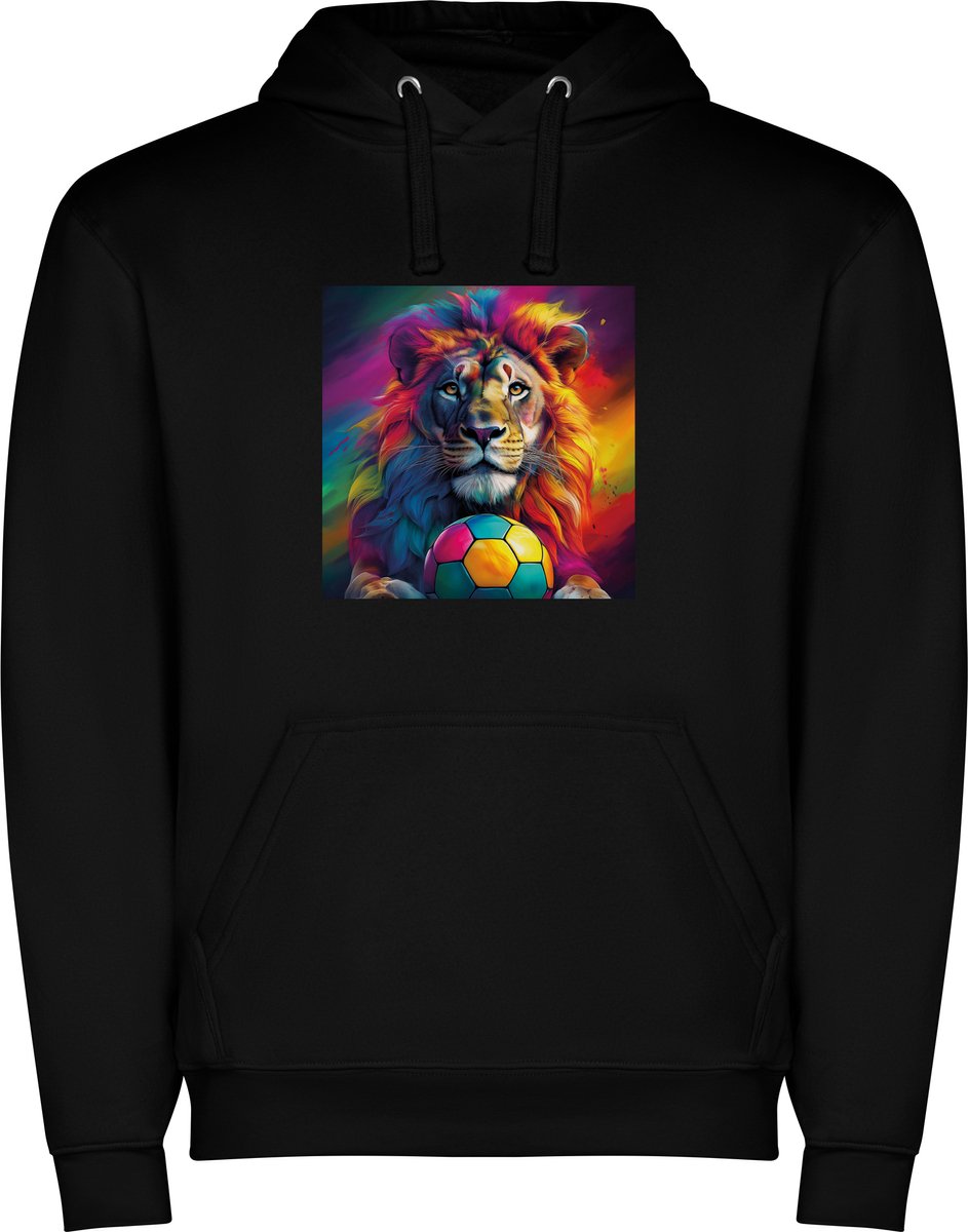 Zwarte unisex hoodie met “ Kleurrijke Leeuw – Voetbal – Stoer “ Print Full Color merk Roly maat L