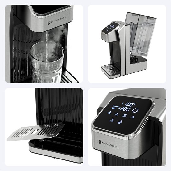 KitchenBrothers Distributeur d'eau chaude - 2,7 L - Écran tactile - Robinet d'eau chaude - Fonction lait - 2600 W - Acier inoxydable/Noir