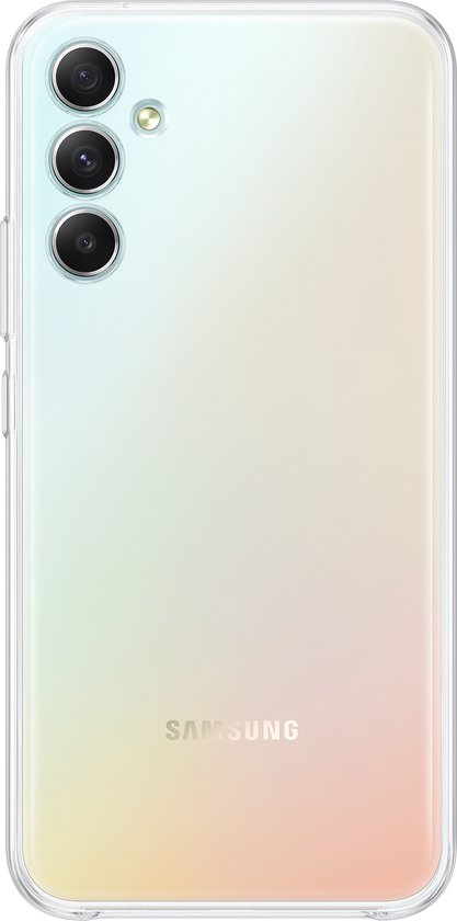 Arrière d'un Samsung Galaxy A34 5G dans une coque souple transparente avec 3 caméras.