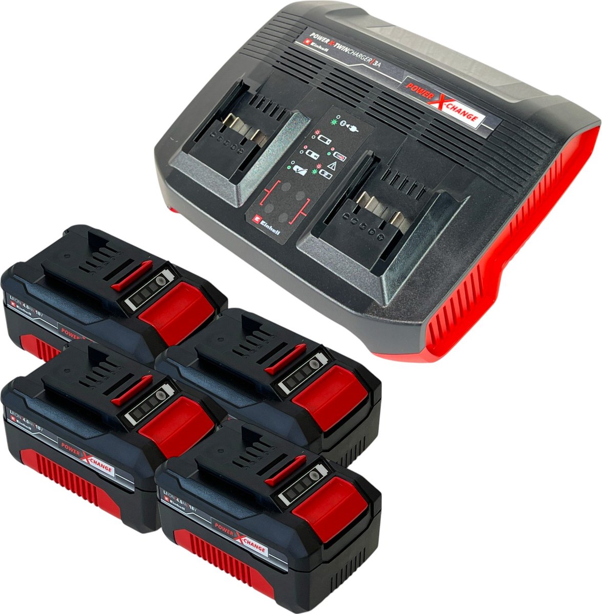 Einhell PXC Starter Kit 4x Power X-Change oplaadbare accu 18 V 4.0 Ah ( 4x 4511396 ) + Power X-Twincharger 3A dubbele lader ( 4512069 )