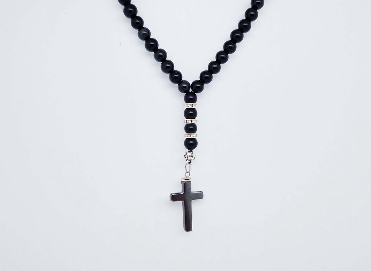 Handgemaakte Natuurstenen Autohanger " Obsidian"- Met metalen hanger "Kruis" - 8 mm diameter van de korrel- Mooie accessoire en decoratie voor de auto