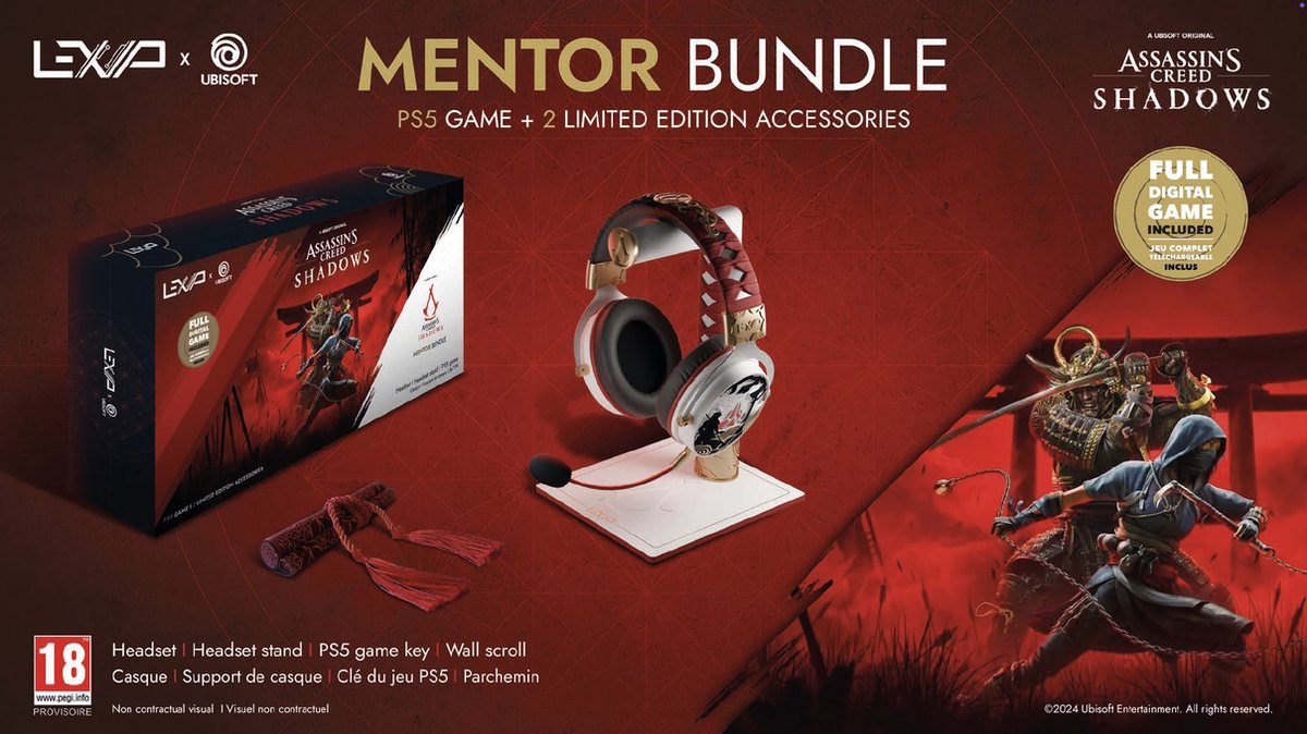LEXIP Assassin's Creed Shadows "MENTOR" Bundel - Draadloze Gaming Headset & Standaard - PS5 Game - Multicolor