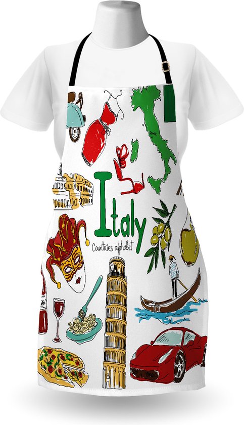 Wit schort met een veelkleurige print van iconische Italiaanse bezienswaardigheden, symbolen en eten, waaronder de Toren van Pisa en een Vespa.