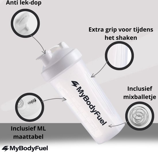 Witte MyBodyFuel shaker met markeringen, anti-lek-dop, extra grip, en mixballetje.