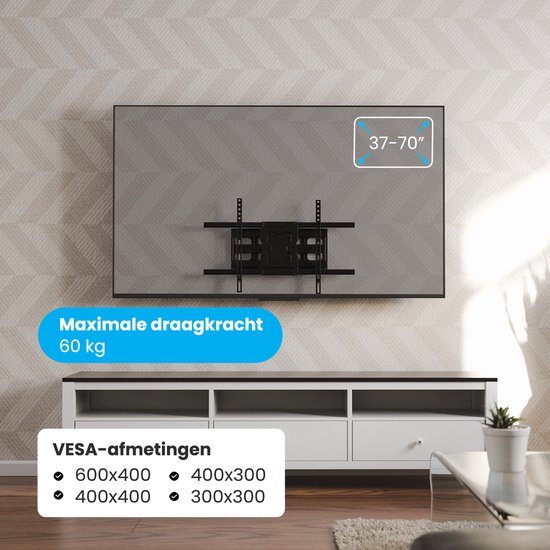 Support mural TV noir, convient aux téléviseurs de 37-70" jusqu'à 60 kg, VESA 600x400, 400x300, 400x400, 300x300.