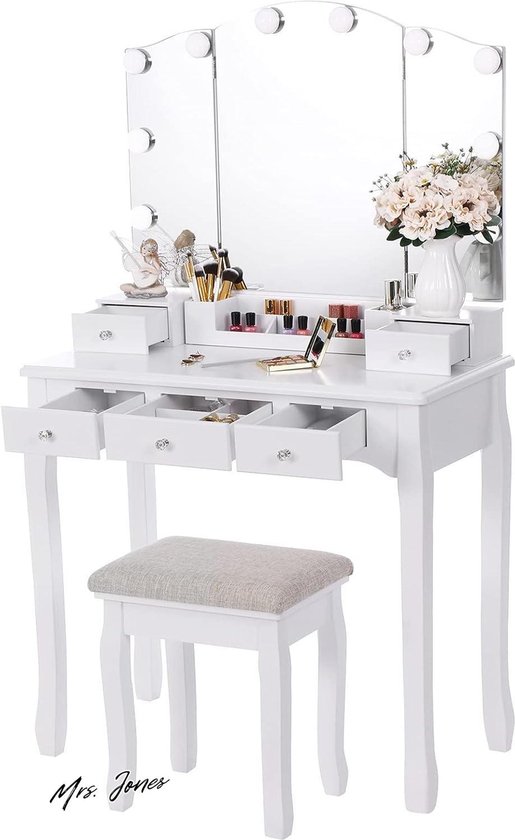TRIUMPHKEY Kaptafel met kruk en spiegel, frisiertafel met LED-verlichting in 3 kleuren, instelbare helderheid, make-up tafel met 2 laden, open vakken