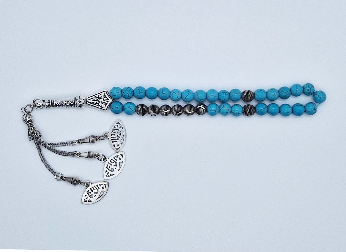 Handgemaakte naam tasbih 33 Kralen Natuursteen “Turkoois” - met metaal tassel “Ogen"- Met je naam of de naam van uw geliefde- 8 mm diameter van de korrel