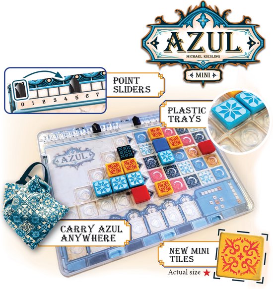 Close-up van het Azul Mini bordspel met point sliders, plastic trays en mini tiles.