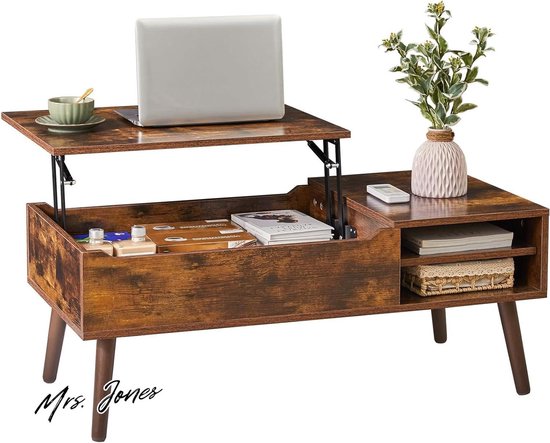 Verstelbare Salontafel 70x70x45cm - 360° Draaibaar Blad - Met 1 Lade Verborgen Opbergruimte Glanzafwerking Wit