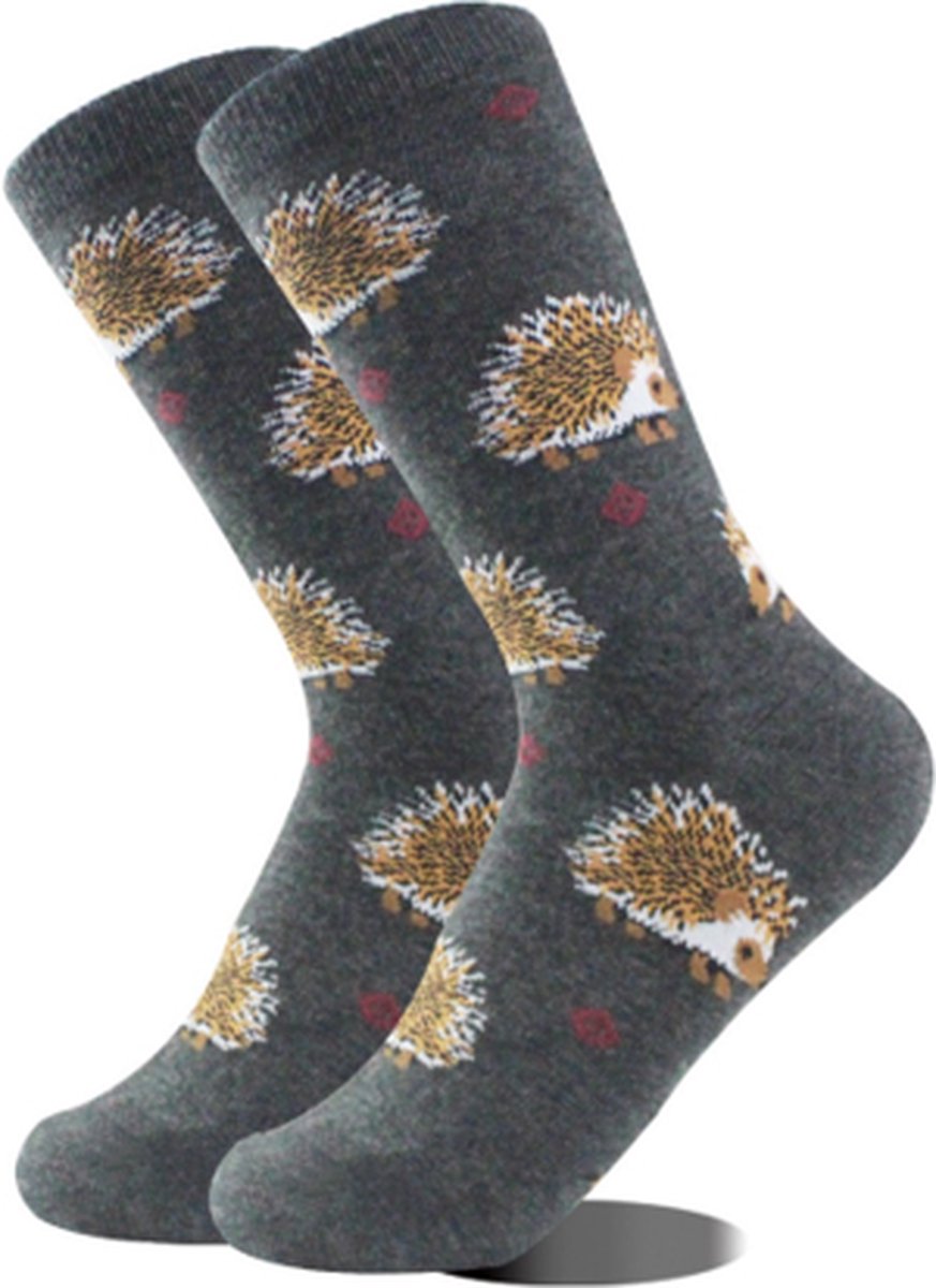 Sokken dames grijs / donker grijs - leuke print egel - 36-40