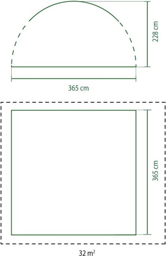 Afmetingen van een tent: 365 cm breed, 365 cm diep, 228 cm hoog.