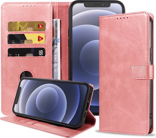 Roze kunstlederen telefoonhoesje voor iPhone 12 Pro met pasjeshouders en telefoon.