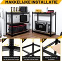 Illustratie van de montage van een stellingkast en twee gevulde stellingkasten.