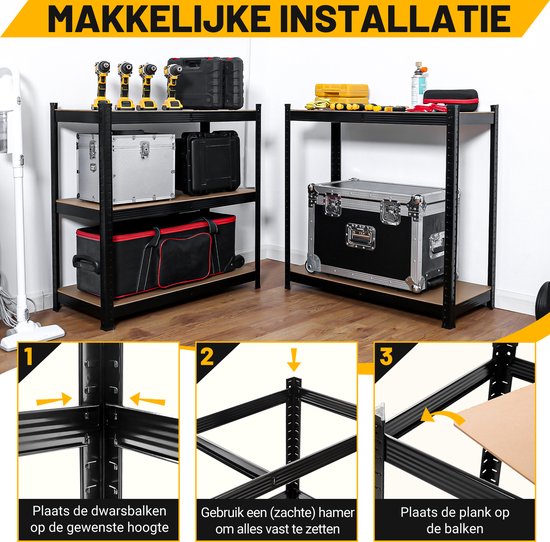 Illustratie van de montage van een stellingkast en twee gevulde stellingkasten.