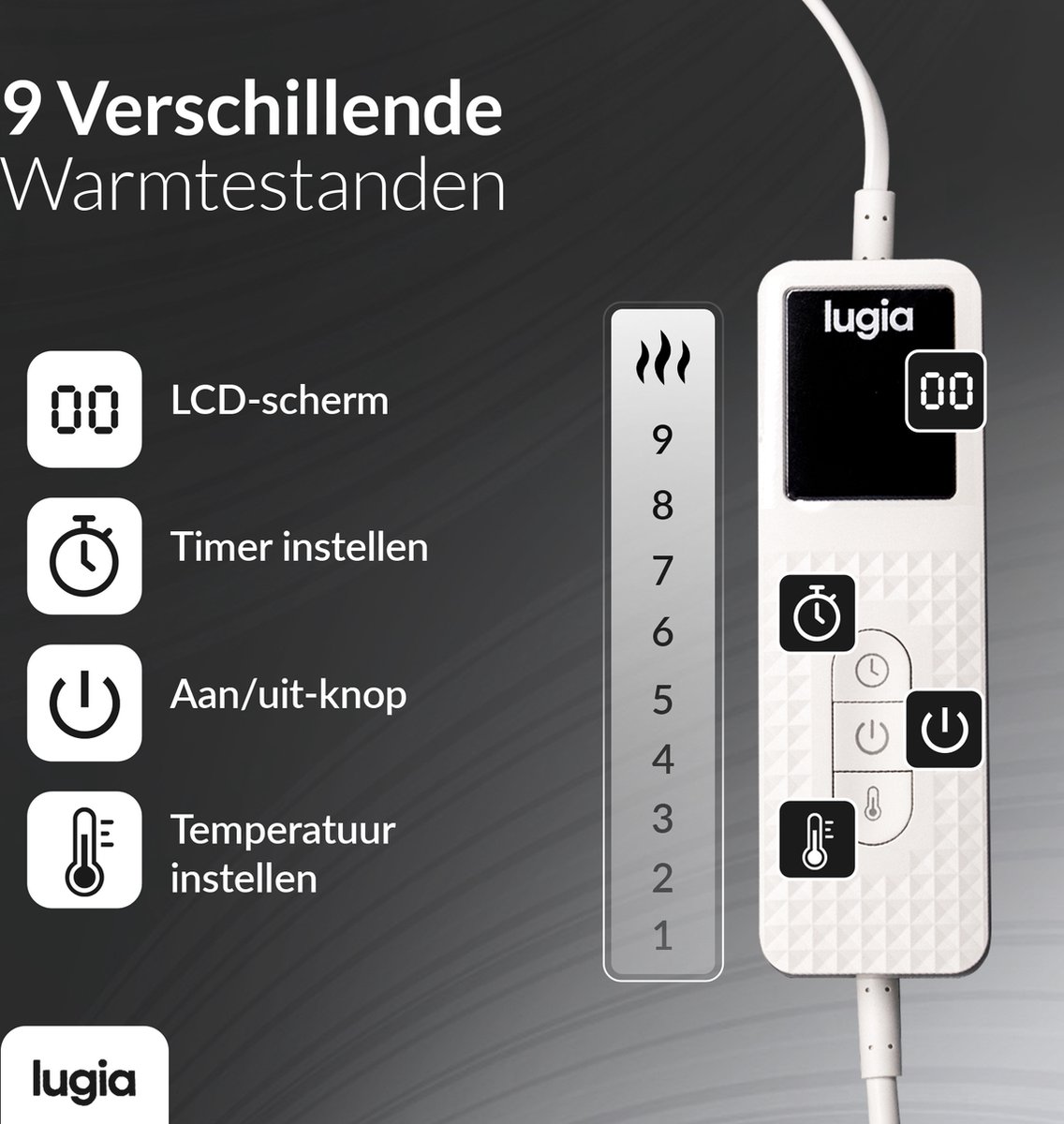 Afbeelding 2 van Lugia Elektrische Deken XL - Bovendeken & Warmtedeken - 180x160 cm - 1 of 2 persoons - 9 Warmtestanden - Fleece - Donkergrijs - (2025)