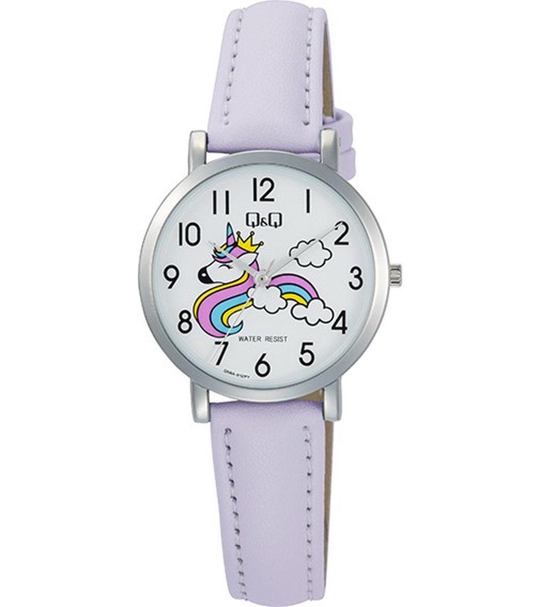QQ Q58A-012PY - Horloge - Polshorloge - Analoog - Vrouwen - Dames - Leren band - Rond - Metaal - Cijfers - Eenhoorn - LichtPaars - Zilverkleurig