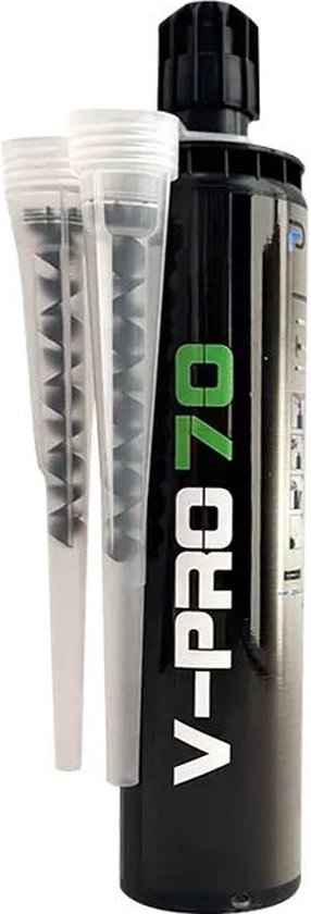 Tube de remplissage noir avec le texte 'V-PRO 70' en vert. Deux mélangeurs blancs sont fixés sur la buse.