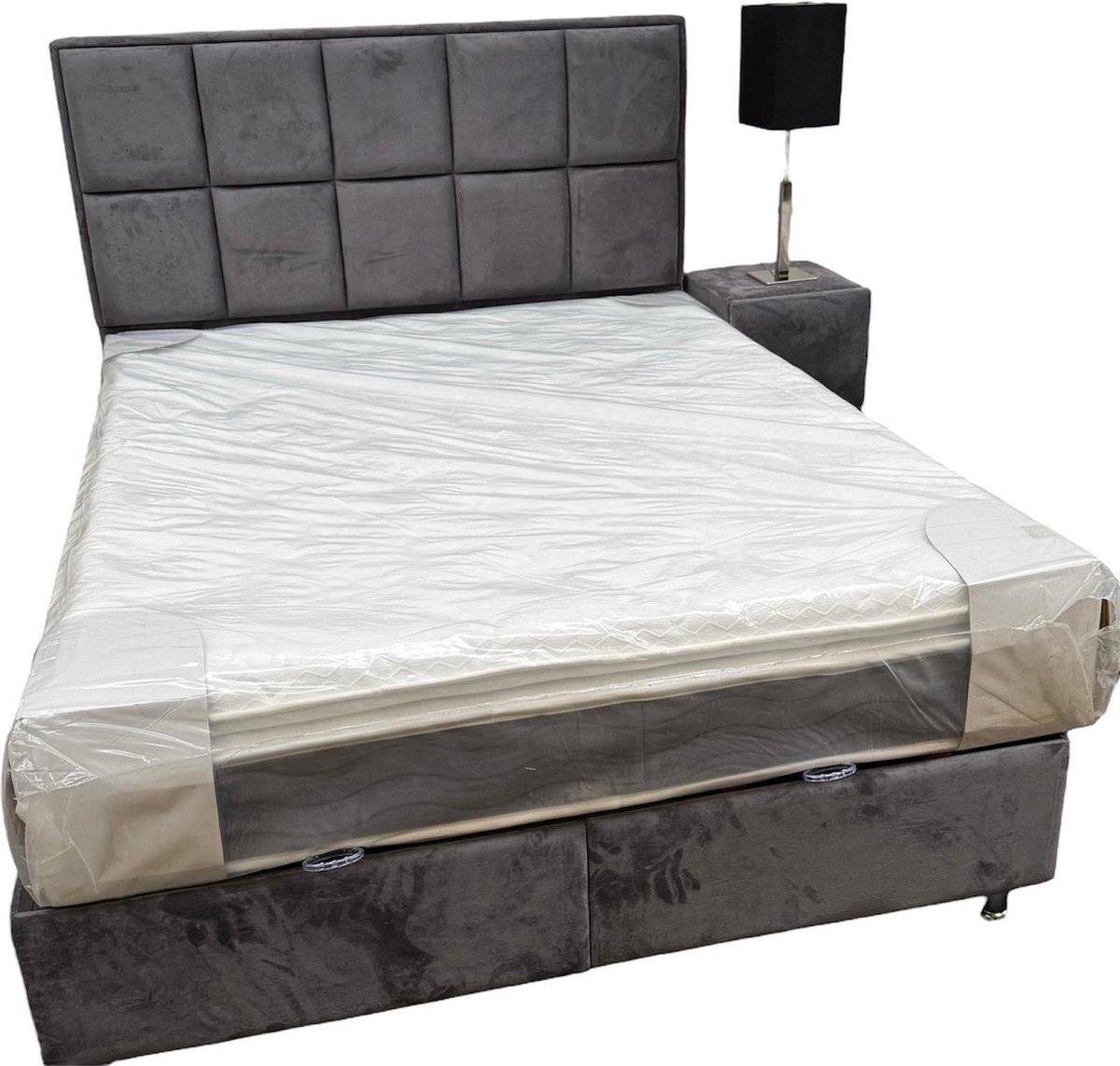 yatak - baza boxspring - Ancona - 160cm x 200cm - met matras en topper - velvet grijs stof - met opbergruimte grijs velvet