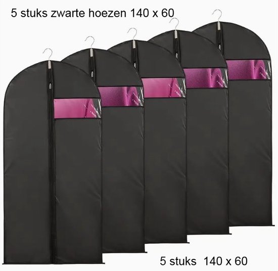 5x XL duurzame kledinghoes met rits - 60x140 cm - Zwart - Kledinghoezen