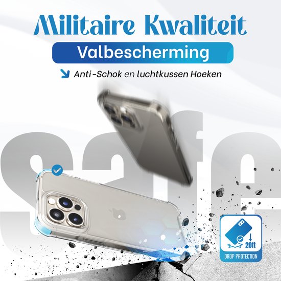 Militaire kwaliteit valbescherming met anti-schok en luchtkussen hoeken. Transparante hoes beschermt tegen vallen van 20ft.