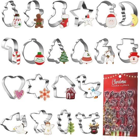 20-delige Kerstkoekjes Uitstekerset - Mini Roestvrijstalen Vormpjes - Inclusief Peperkoekman, Rendier, Kerstboom, Sneeuwvlok, Kerstman en Meer - Perfect voor Feestelijke Bakken, Decoreren en Creatieve Snacks
