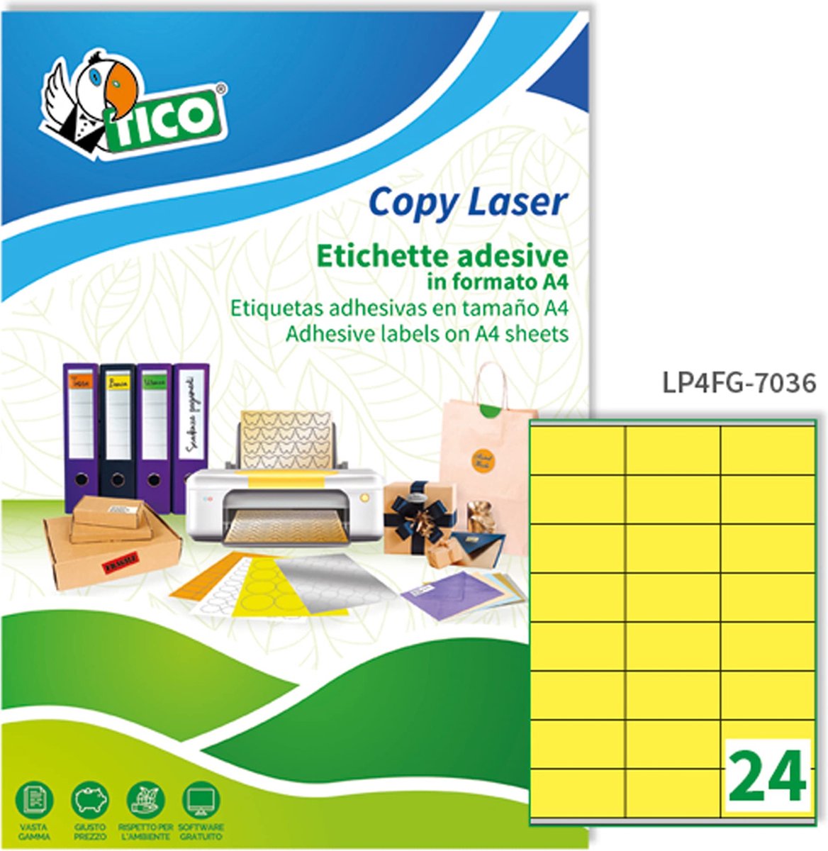Tico LP4FG-7036, Meerkleurig, Laser, 70 mm x 36 mm, 1680 stuk(s), 24 vel