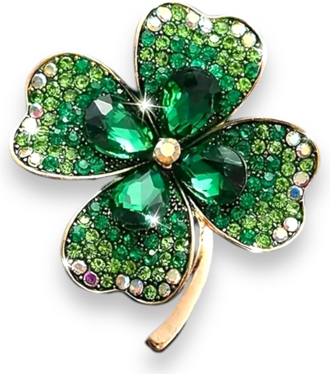 Luxueuze Klavertje Vier Broche met Groene Kristallen