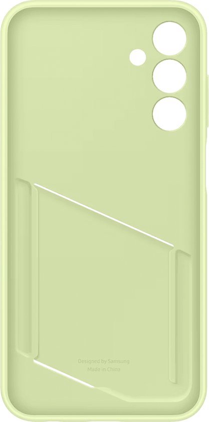 Binnenkant van een lichtgroen Samsung telefoonhoesje met uitsparingen voor de camera's en een sleuf voor pasjes.