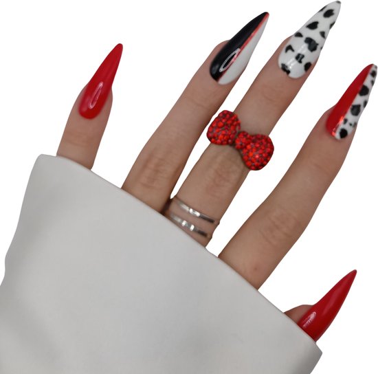 SD Appuyez sur les ongles - No. 118 Cruel-Là - Ongles adhésifs avec colle à ongles - XL Stiletto - Rouge Wit Zwart - Set de 20 Ongles Faits Main - Accessoires Cosplay - Nail Art Extreme