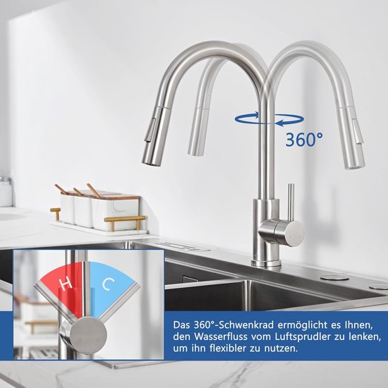 Keukenkraan Met Uittrekbare Sproeier, Watervalkraan Keuken Met 3 Modi Mengkraan Keuken Hoge Druk Roestvrijstalen Armatuur Keuken 360 Draaibaar Wastafelarmatuur Geborsteld Ni