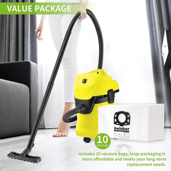 Lot 5 Sacs Aspirateur Kärcher KFI 357 + Brosse - Compatible WD2, WD3, KWD1, KWD2, KWD3, SE4001/4002 | Taille 51,5x37cm - 2