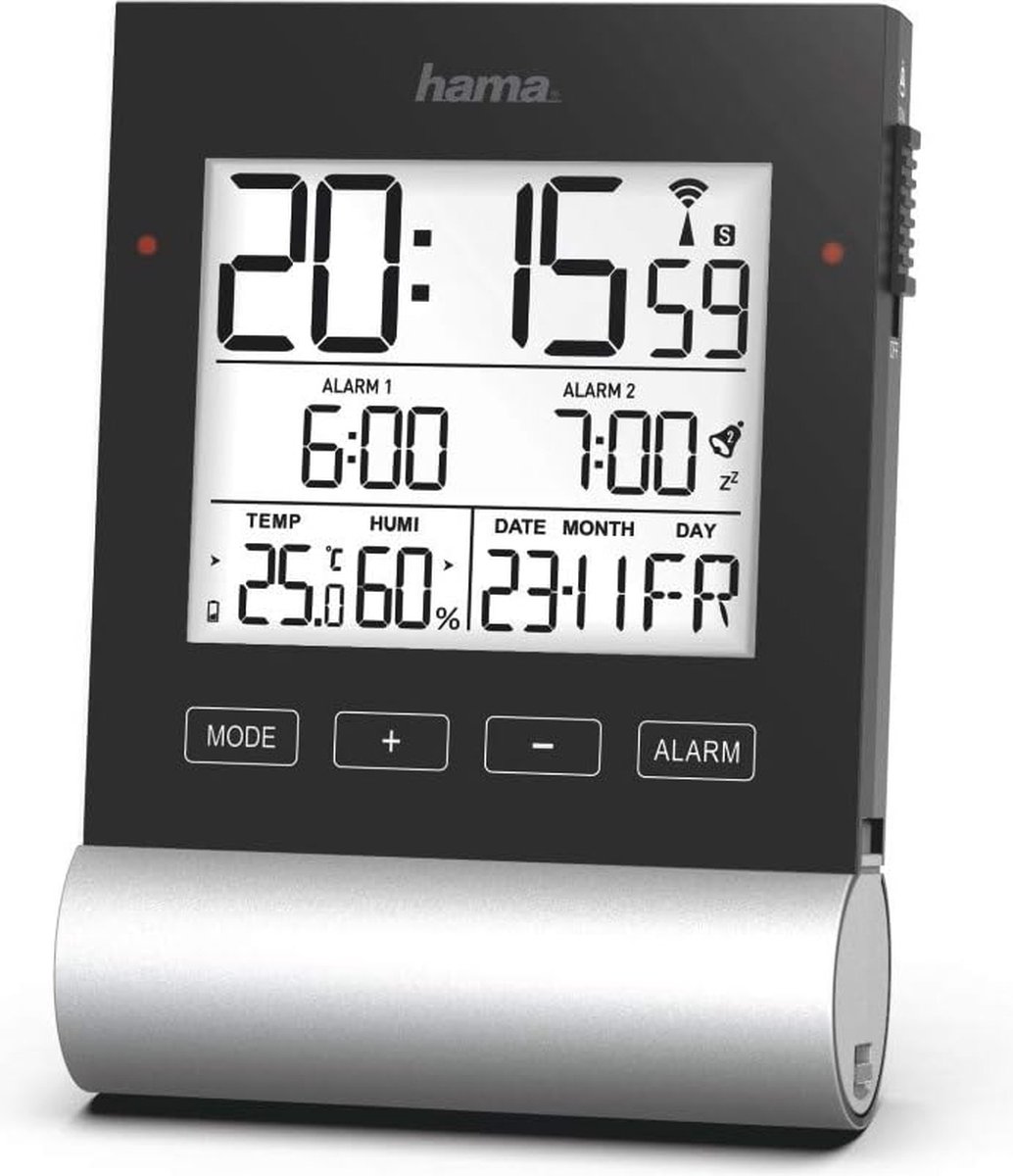 Digitale wekker met dubbele wektijden, sluimerfunctie en geïntegreerde thermometer en hygrometer