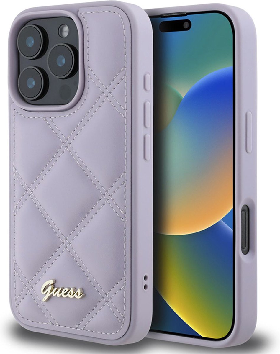 Guess Quilted Puffed Metal Logo Back Cover hoesje voor Apple iPhone 16 Pro - Paars