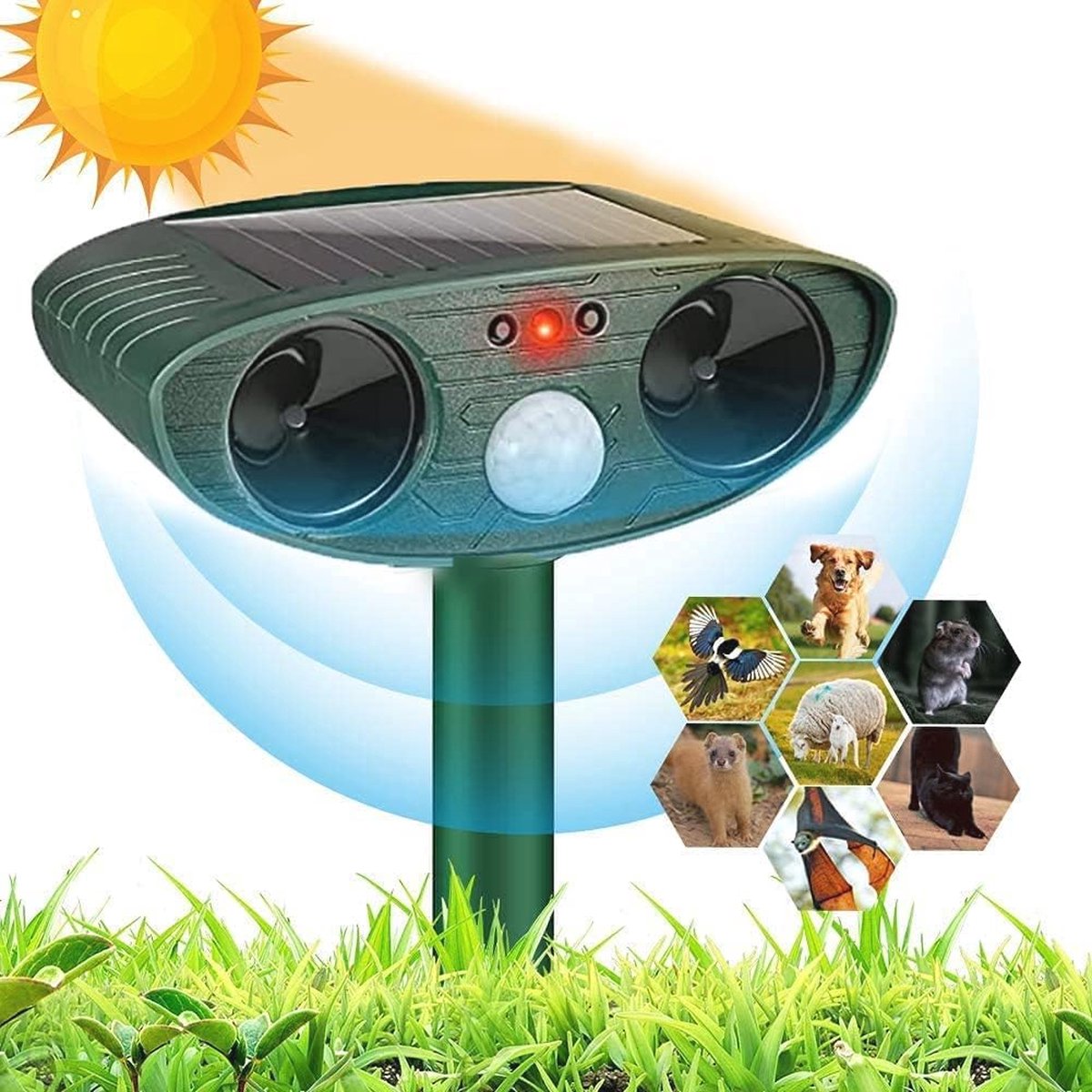 Ultrasone dierenverjager op zonne-energie voor tuin, waterdicht, voor het verjagen van ongedierte