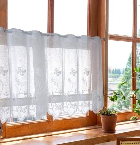 Voilage rideau jacquard transparent avec fleurs panneaux rideaux maison de campagne rideau de bistro blanc avec oeillets rideaux de cuisine courts avec bord incurvé LxH 120x90cm 1 pièce