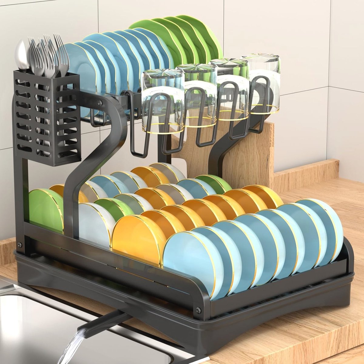 Goedkoopste Groot 2-traps afdruiprek voor servies met snijplankhouder en bekerhouders, zwart