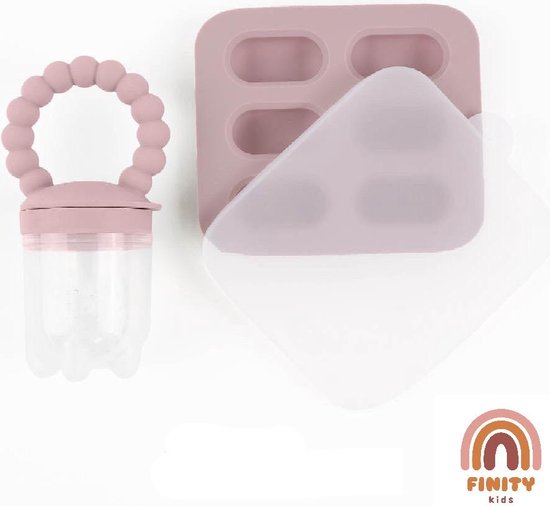 Finity Kids Fruitspeen en Bijtring - Fruit feeder - Fruitzuiger - Kinder bestek - Babyspeen voor groenten en fruit - BPA/PVC Vrij - Inclusief Vriesbestendig Bewaarbakje - Verlichting voor Doorkomende Tandjes - Vaatwasmachinebestendig - Roze
