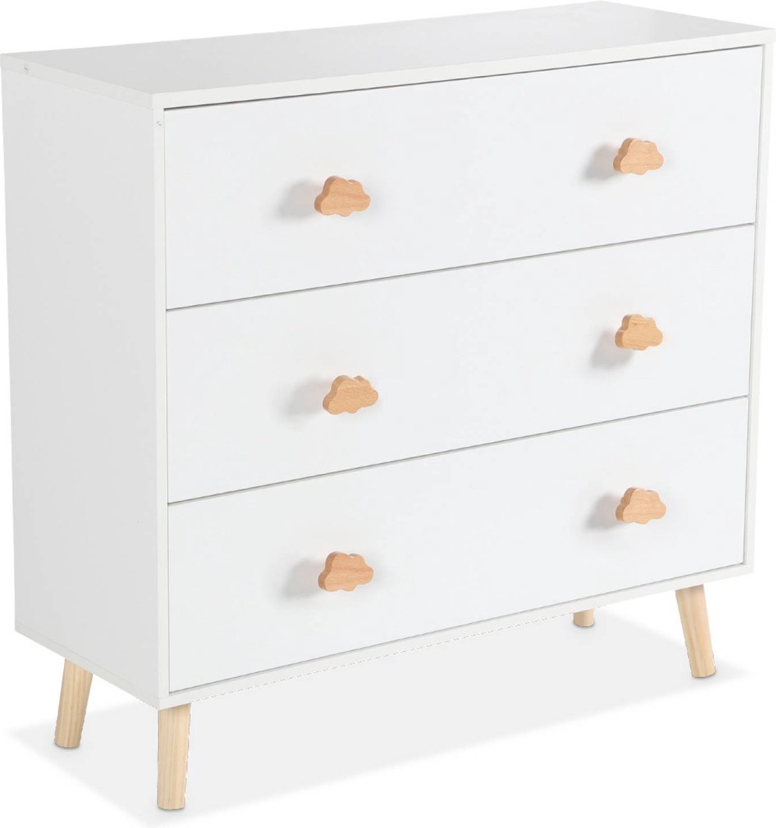 sweeek - Kinderladekast, houtdecor, 3 laden, dennenhouten poten en handgrepen